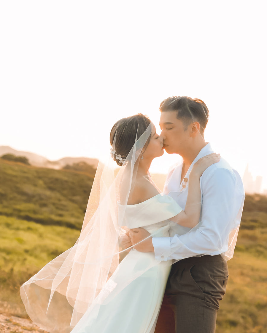 日落逆光 Sun Flare 婚紗攝影效果，HazeLand Bridal高透光新娘頭紗
